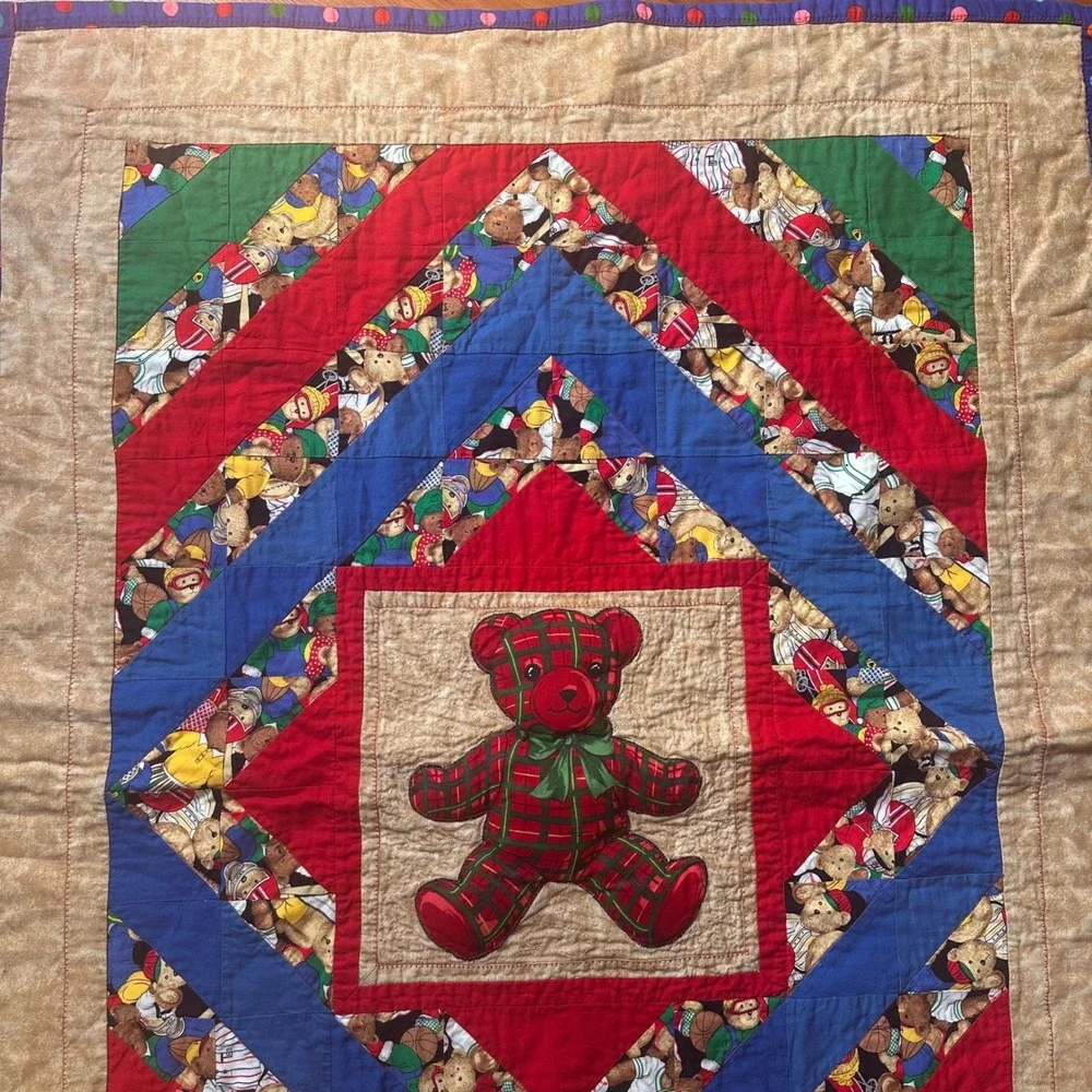 Handmade Teddy Bear Patchwork Quilt Raised Plush Appliqué Colorful Throw Blanket
